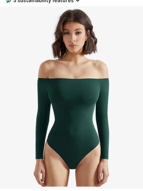 Off-the-Shoulder Long Sleeve Bodysuit in Deep Green